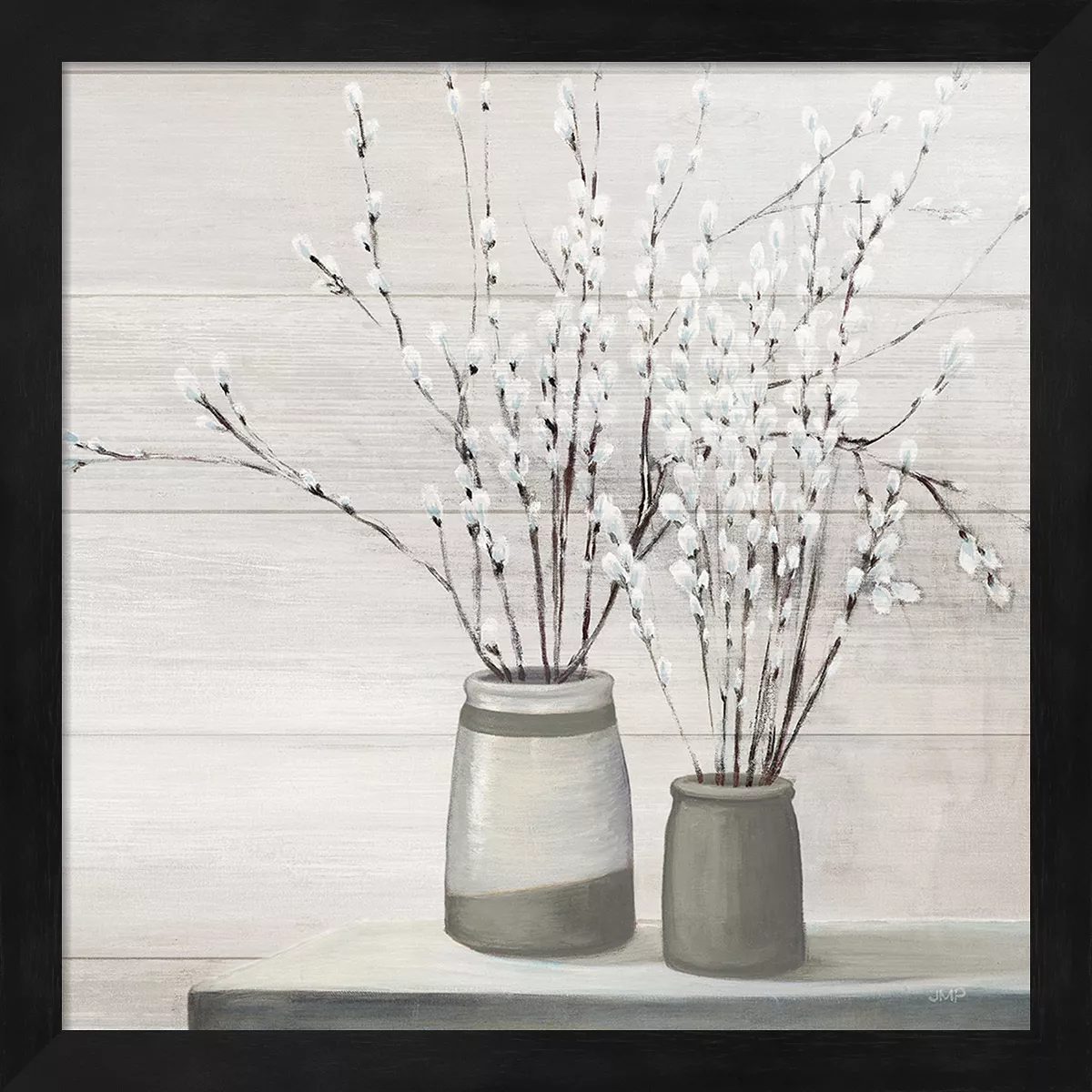 Metaverse Willow Still Life Gray Pots Shiplap By Julia Purinton Framed Art