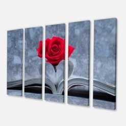 Design Art Art Red Rose Inside The Book Floral Art Canvas Print - 60 X 28 - 5 Panels
