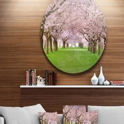 Design Art Art 'Stunning Cherry Blossoms Plenitude' Landscape Metal Circle Wall Art - 36 X 36