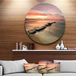 Design Art Art 'Wonderful Sunrise On Black Ocean' Beach Photo Metal Circle Wall Art - 36 X 36
