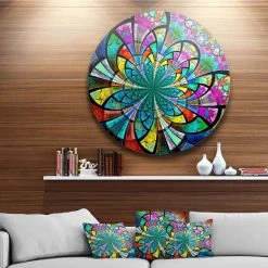 Design Art Art 'Multi Color Large Fractal Flower Pattern' Floral Metal Circle Wall Art - 23 X 23