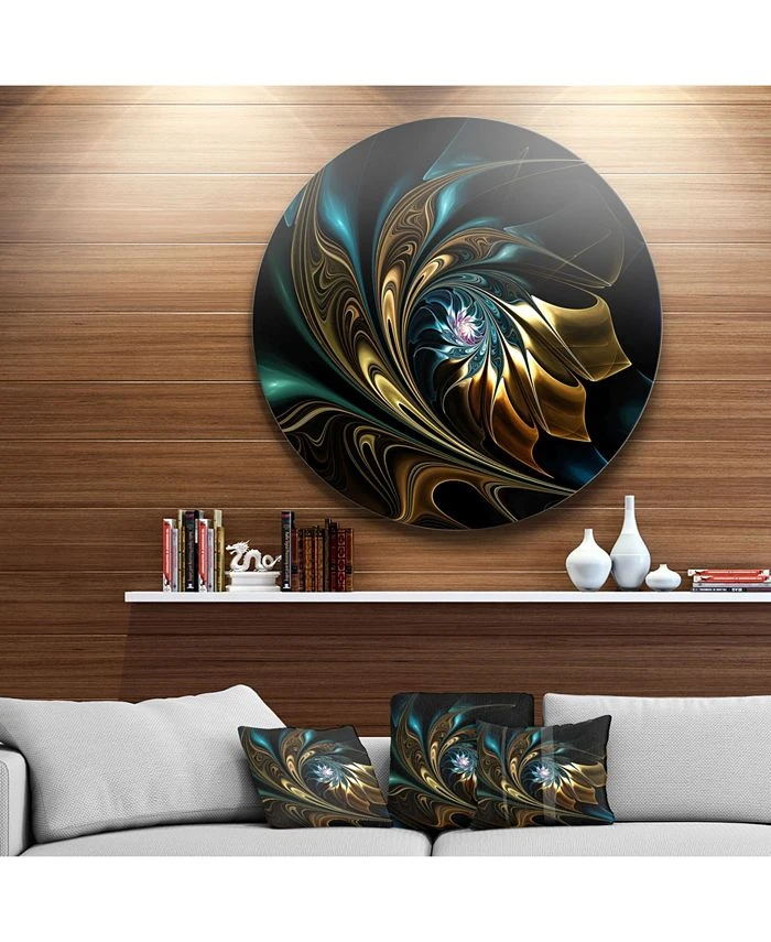 Design Art Art 'Brown Blue Fractal Flower In Black' Oversized Abstract Metal Art - 36 X 36