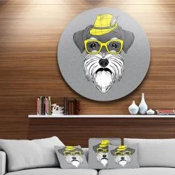 Design Art Art 'Schnauzer With Hat And Glasses' Disc Contemporary Animal Metal Circle Wall Decor - 23 X 23