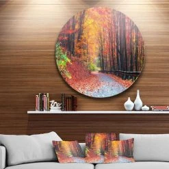 Design Art Art 'Road In Beautiful Autumn Forest' Disc Forest Large Metal Circle Wall Art - 23 X 23