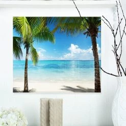 Design Art Art 'Palm Trees And Sea' Landscape Photography Metal Wall Art - 20 X 12