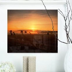 Design Art Art 'Sunrise At Farmland Bales' Landscape Modern Metal Wall Art - 20 X 12
