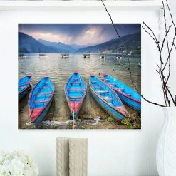 Design Art Art 'Row Of Blue Boats In Pokhara Lake' Boat Metal Wall Art - 20 X 12