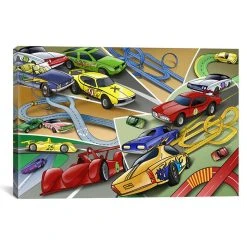 ICanvas Rtoon Racing Cars Children Art By Unknown Artist Wrapped Canvas Print - 26 X 40